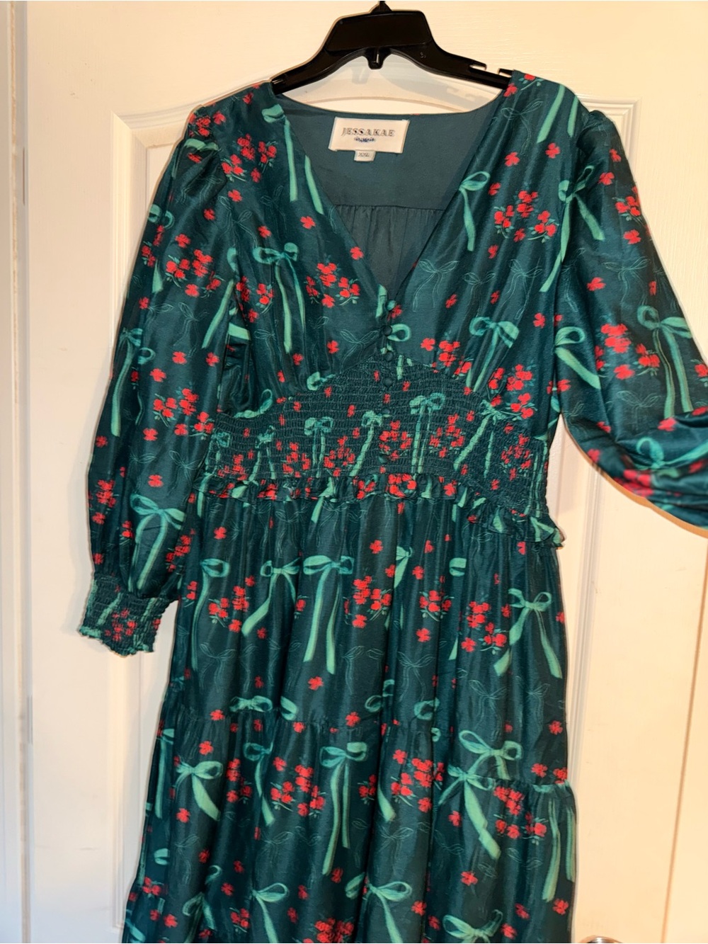 JessaKae Teal Dress with Red Floral and Mint Bow Print